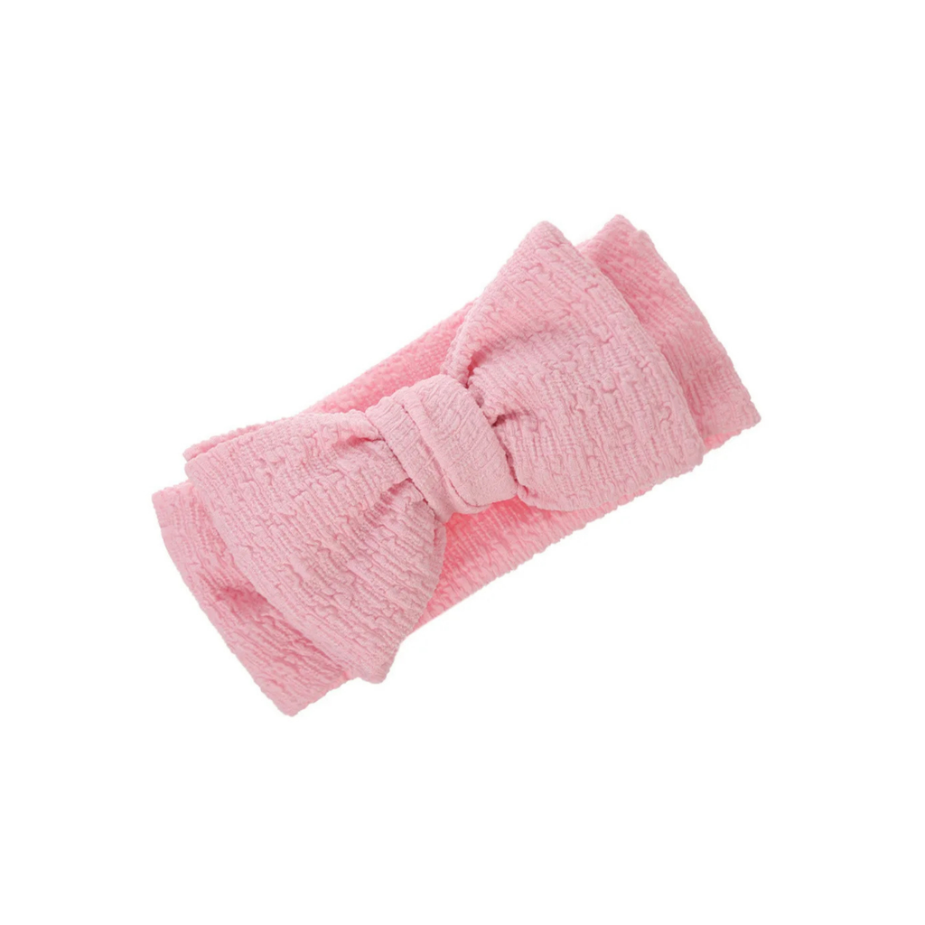 Flamingo crinkle knotted bow baby headband — Pepper Baby Headband on white background