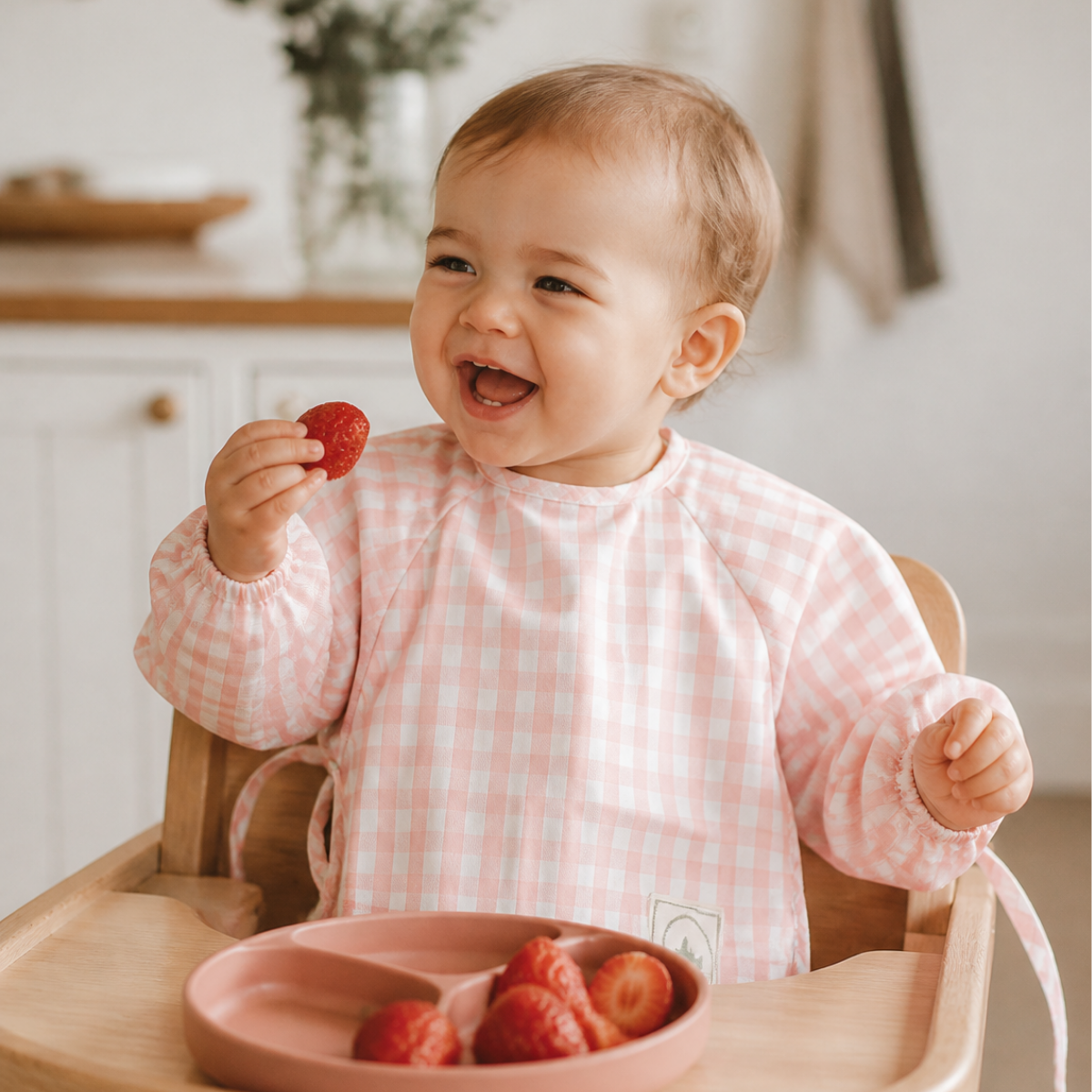 Gingham Waterproof Baby Smock Bib, Long Sleeve Flamingo