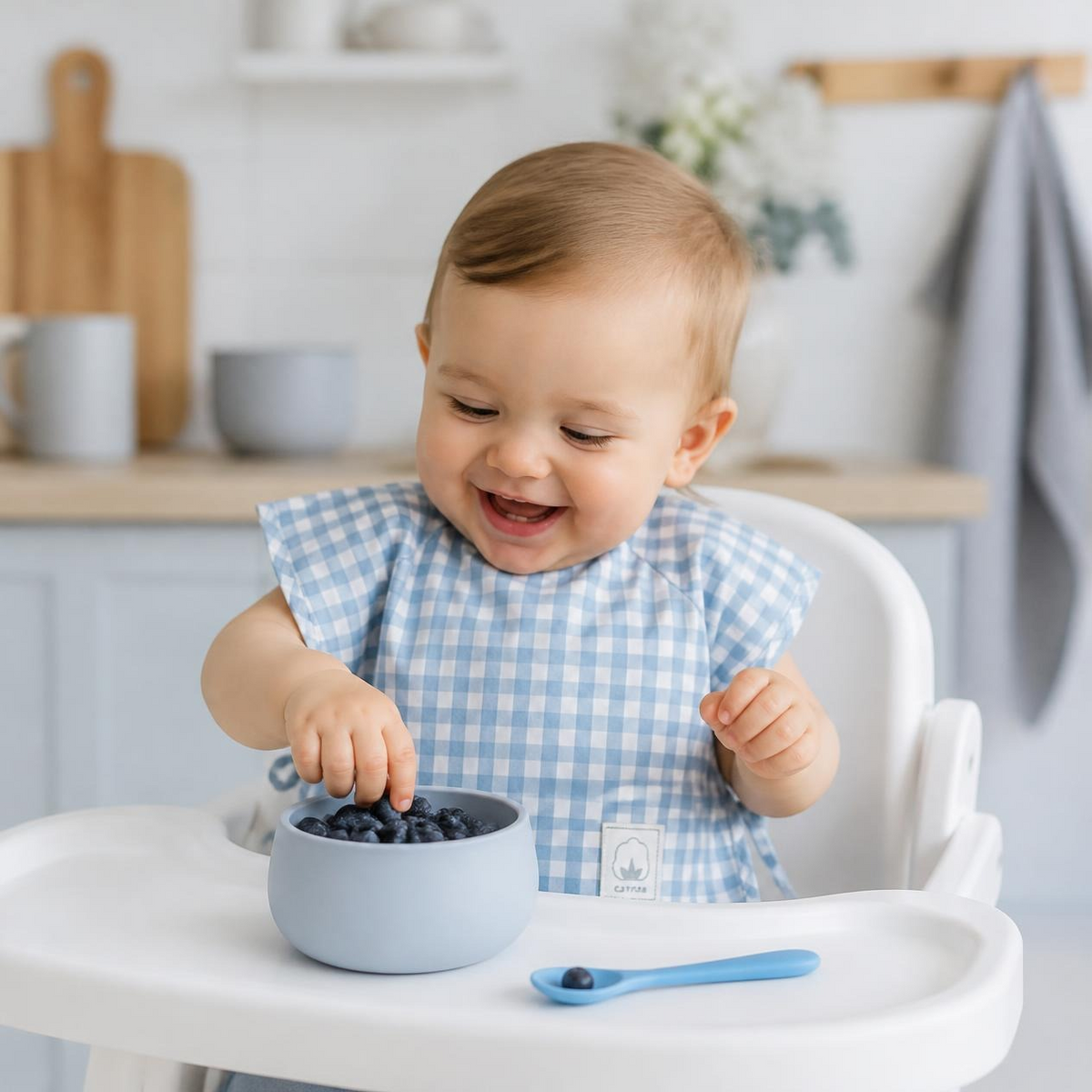 Gingham Waterproof Baby Smock Bib, Short Sleeve Light Blue