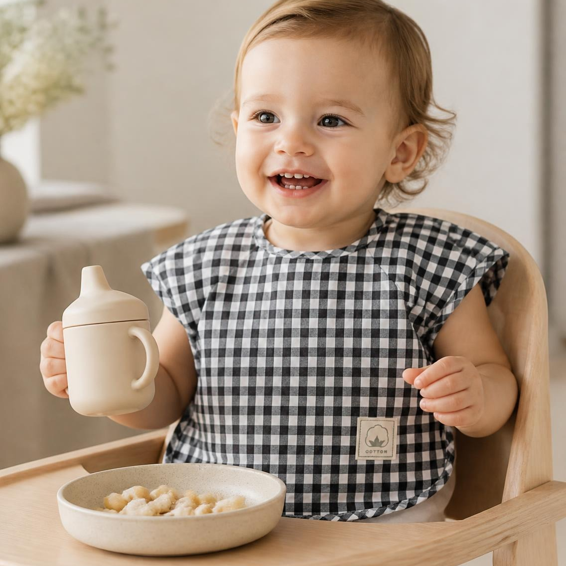 Gingham Waterproof Baby Smock Bib, Short Sleeve Navy