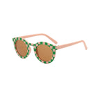Ear detail baby sunglasses — Green & Tangerine Checkerboard Retro Baby Sunglasses Vintage Patterned Sunnies for Infants