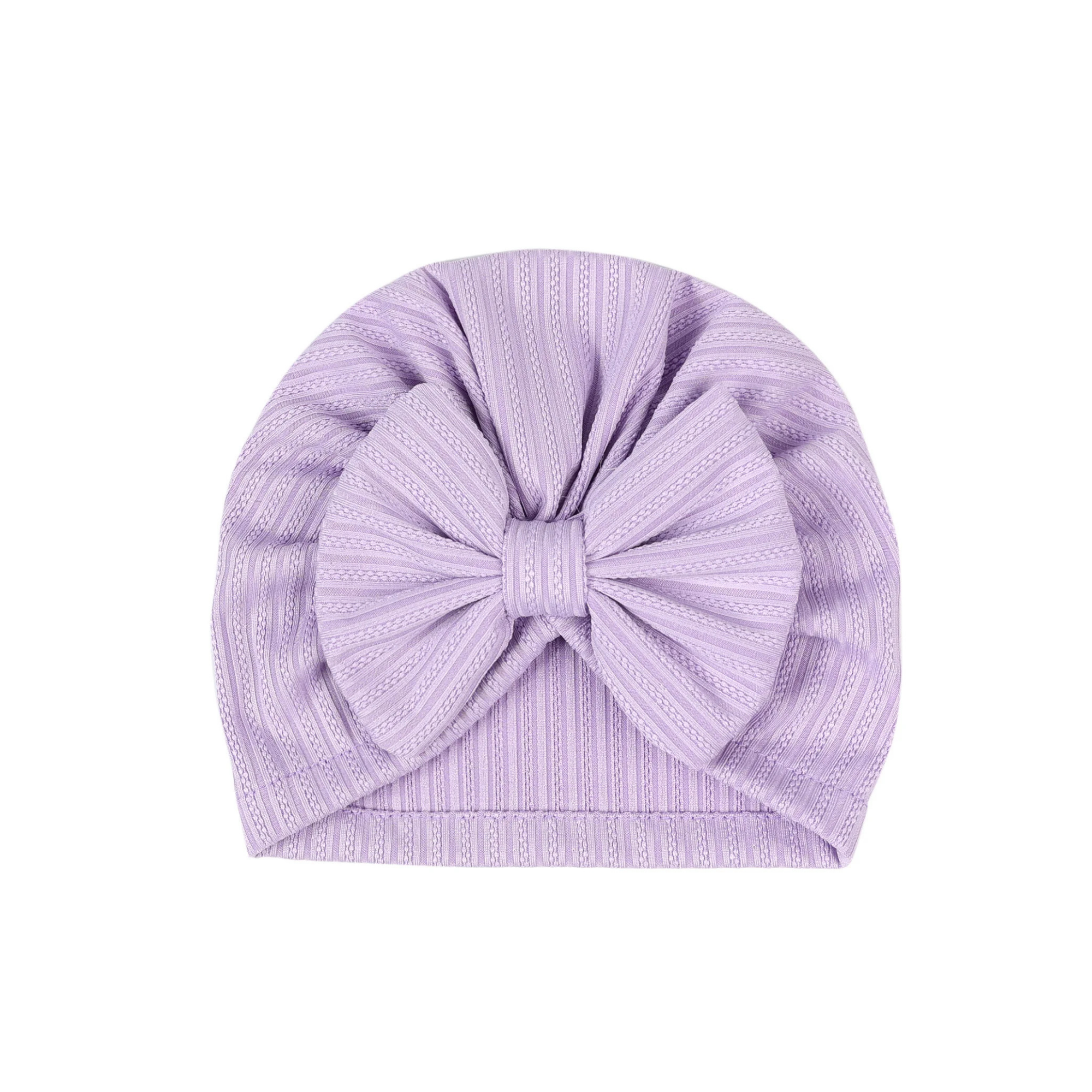 Lilac ribbed ear detail baby turban with bow detail — Mila Baby Turban on white background