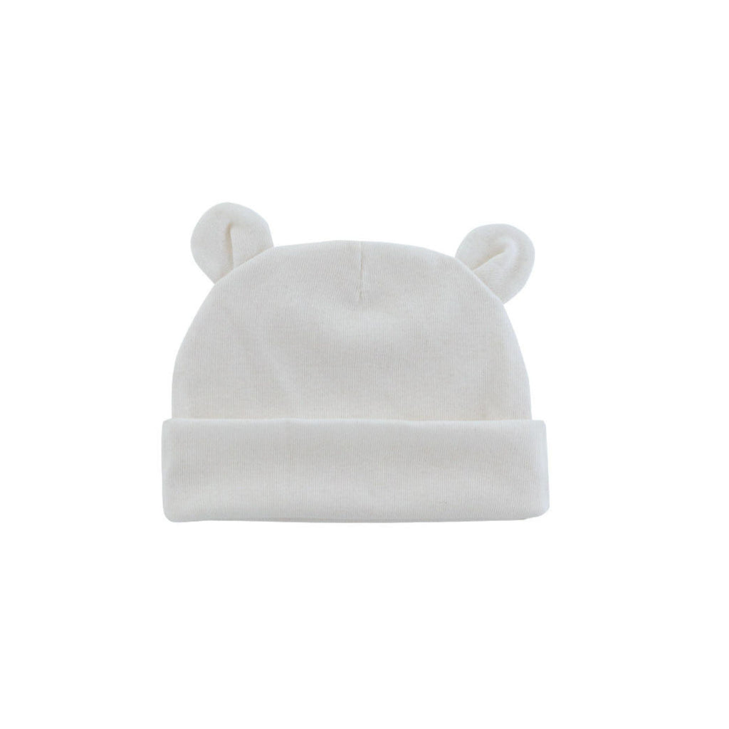White knit ear detail baby beanie — Little Bear Baby on white background