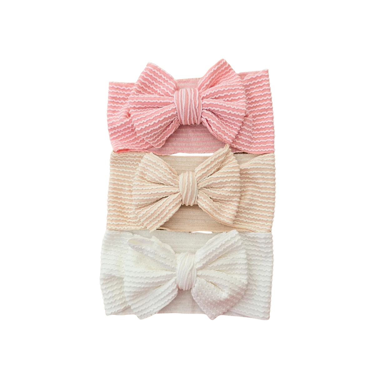 Lottie Textured Bow Headband 3-Pack in Sugar Plum — 3-pack baby headbands in Sugar Plum tones on white background