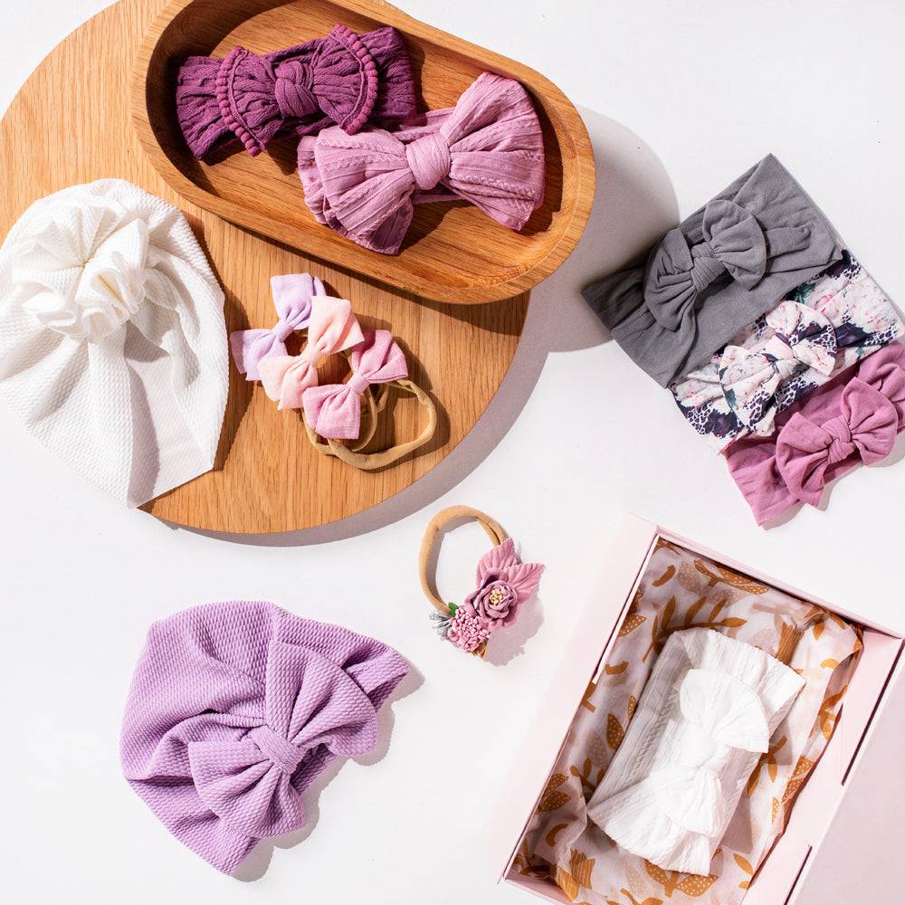 Linen floral baby turban with bow detail — "Lucy Locket" Lilac Bows & Turbans — Baby Girl Gift Bundle on white background