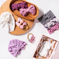 Linen floral baby turban with bow detail — "Lucy Locket" Lilac Bows & Turbans — Baby Girl Gift Bundle on white background