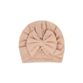 Latte ribbed ear detail baby turban with bow detail — Mila Turban Turban on white background
