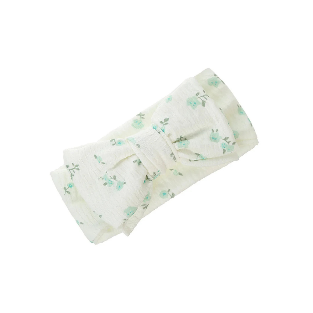 Mint floral crinkle knotted bow baby headband — Pepper Baby Headband on white background