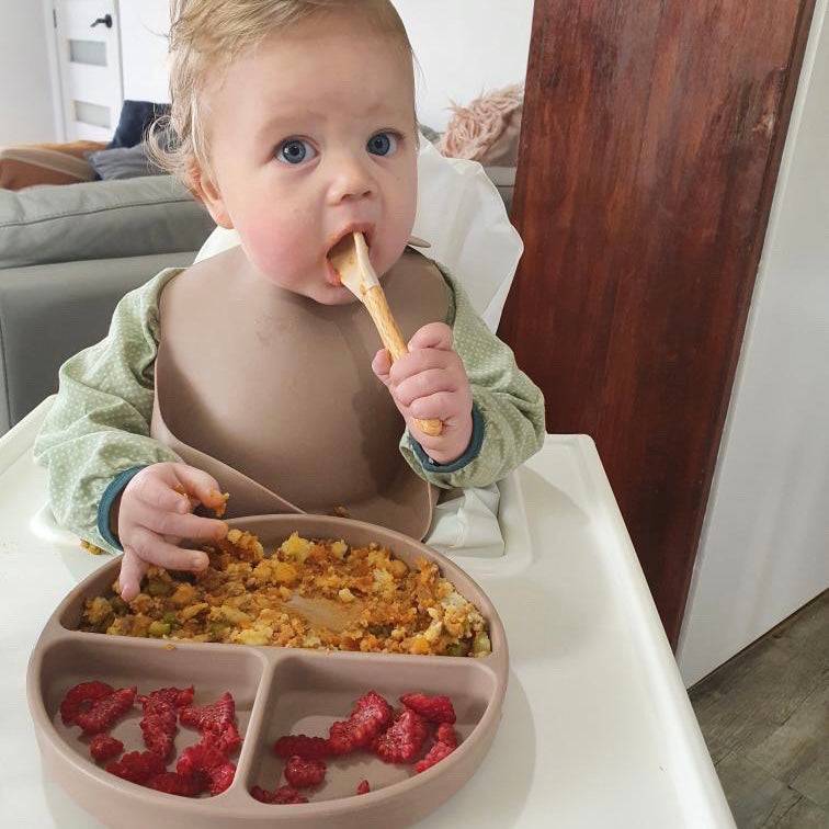Silicone Baby Feeding Set in Almond Frost — almond frost baby bib product styling