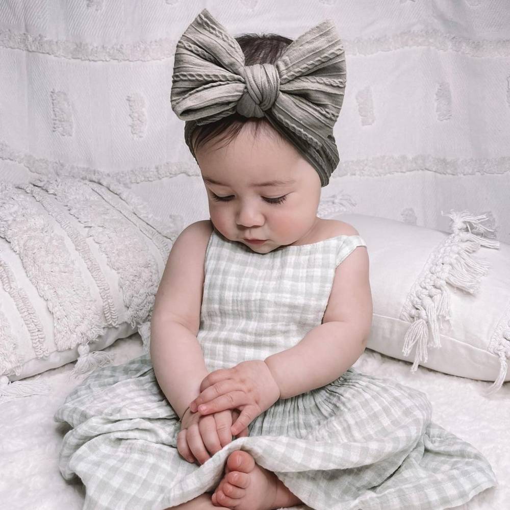 Bowie Double Bow Headband in Grey — baby headband close-up showing nylon