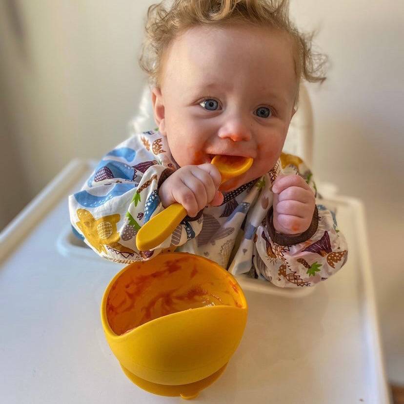Silicone Baby Feeding Set in Honey Gold — baby bib size and scale reference