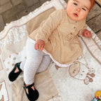 Woodsmoke Suede Leather Baby T Bar Shoe — baby shoes styled flat lay with nursery accessories
