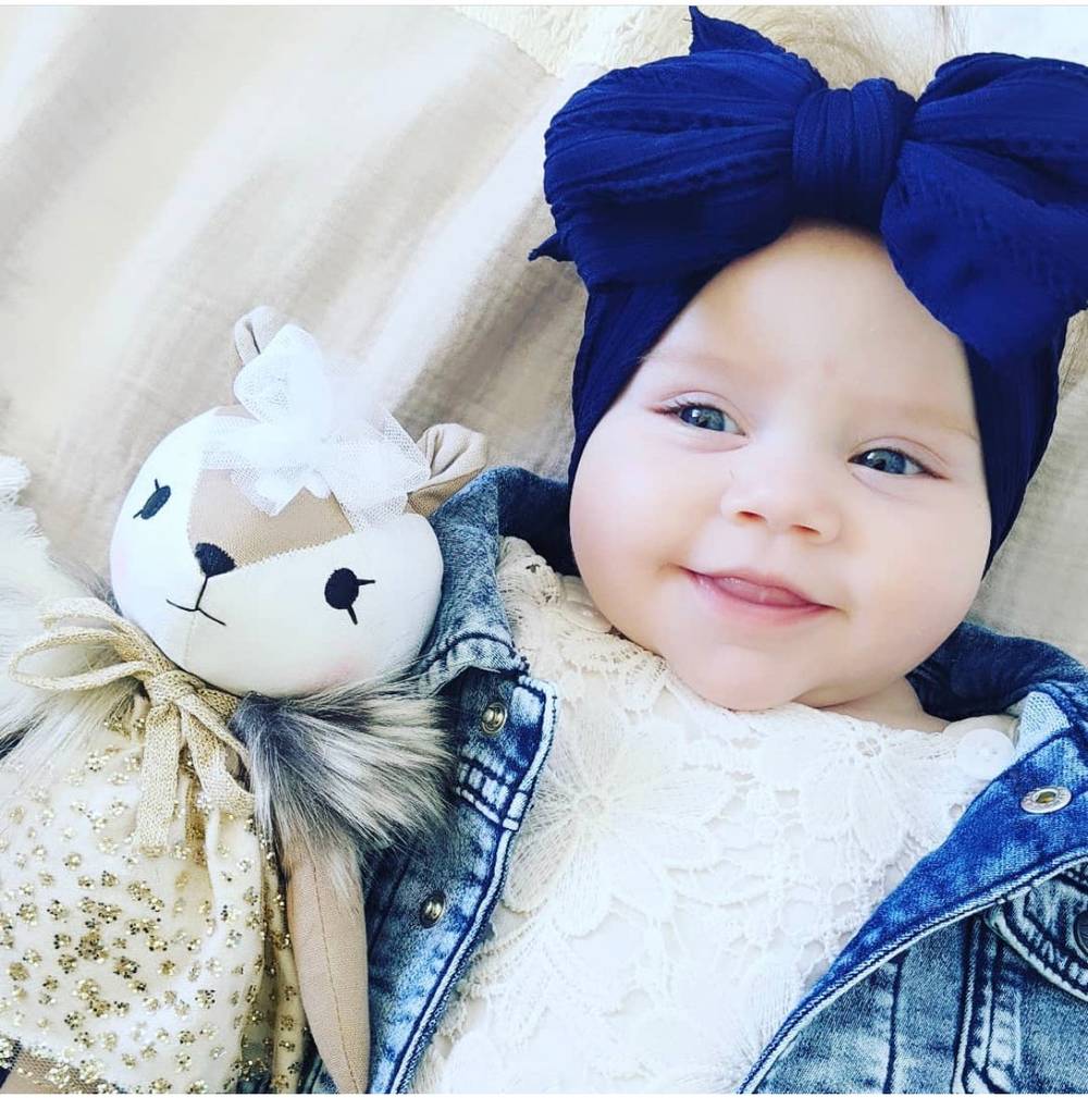 Bowie Double Bow Headband in Navy Blue — baby headband close-up showing nylon