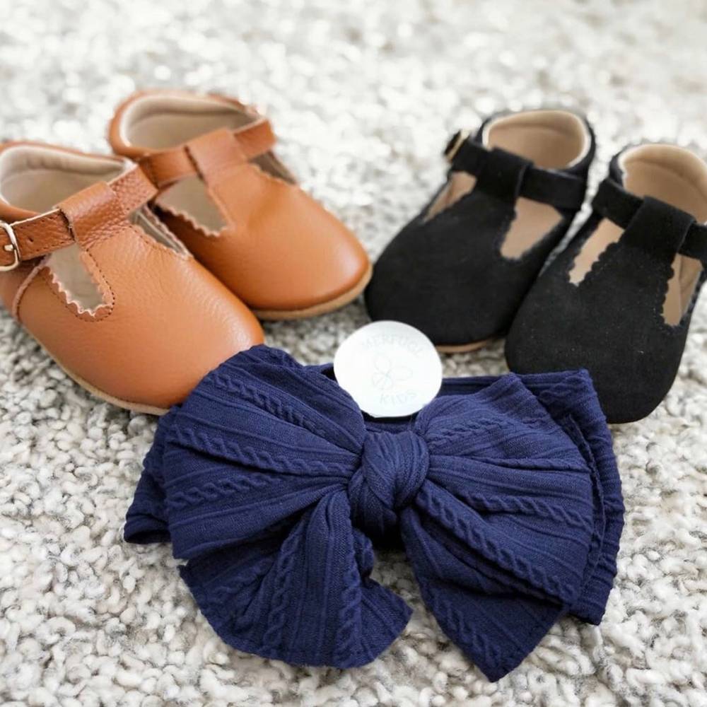 Bowie Double Bow Headband in Navy Blue — close-up showing nylon texture and craftsmanship