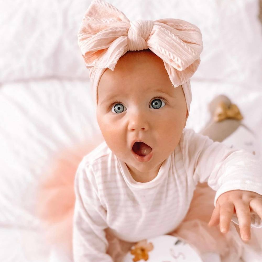 Bowie Double Bow Headband in Coral — baby headband gift-ready packaging and presentation