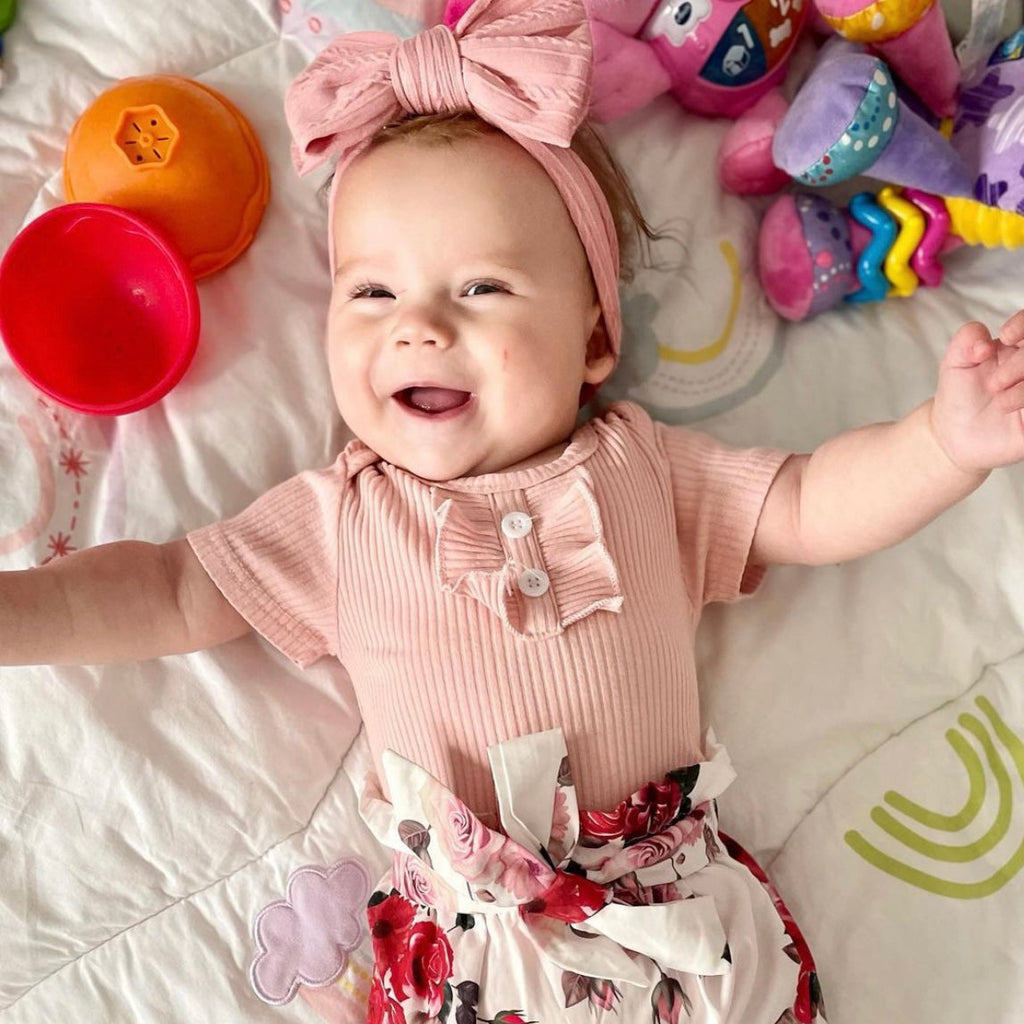Bowie Double Bow Headband in Peony Pink — peony pink baby headband product styling