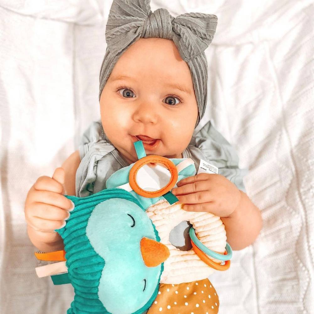 Baby girl wearing grey baby headband with ear detail — Bowie Single Bow Headband