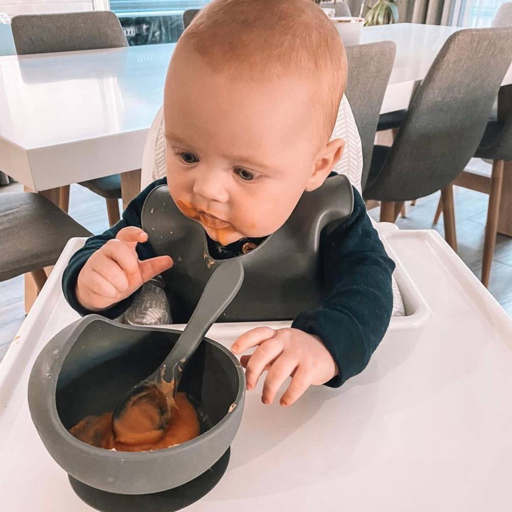 Silicone Baby Feeding Set in Night Comet — baby bib gift-ready packaging and presentation