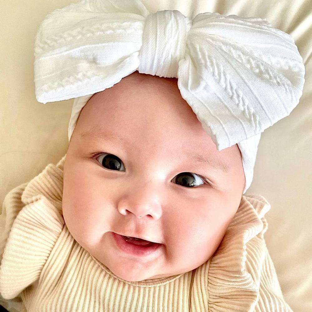 Bowie Double Bow Baby Headband in White — white baby headband colour swatch detail