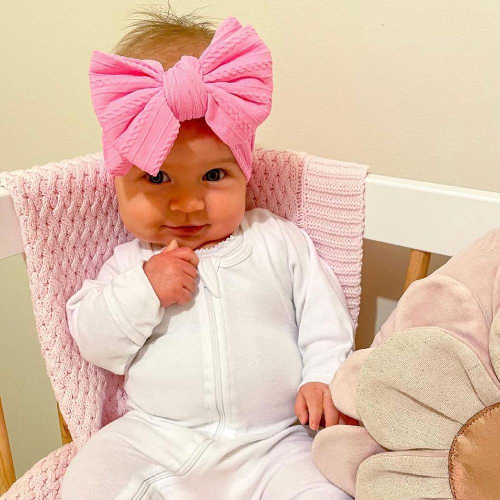 Bowie Double Bow Headband in Fuchsia Pink — baby headband close-up showing nylon