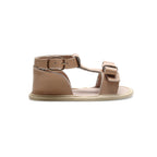 Lace ear detail baby sandals — Pale Pecan Leather Baby Bow Sandal on white background