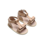 Pale Pecan Leather Baby Bow Sandal — baby sandals sole and strap detail view