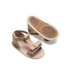 Pale Pecan Leather Baby Bow Sandal — close-up showing lace texture and craftsmanship