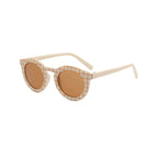 Ear detail baby sunglasses — Plaid Picnic Retro Baby Sunglasses Vintage Patterned Sunnies for Infants on white background