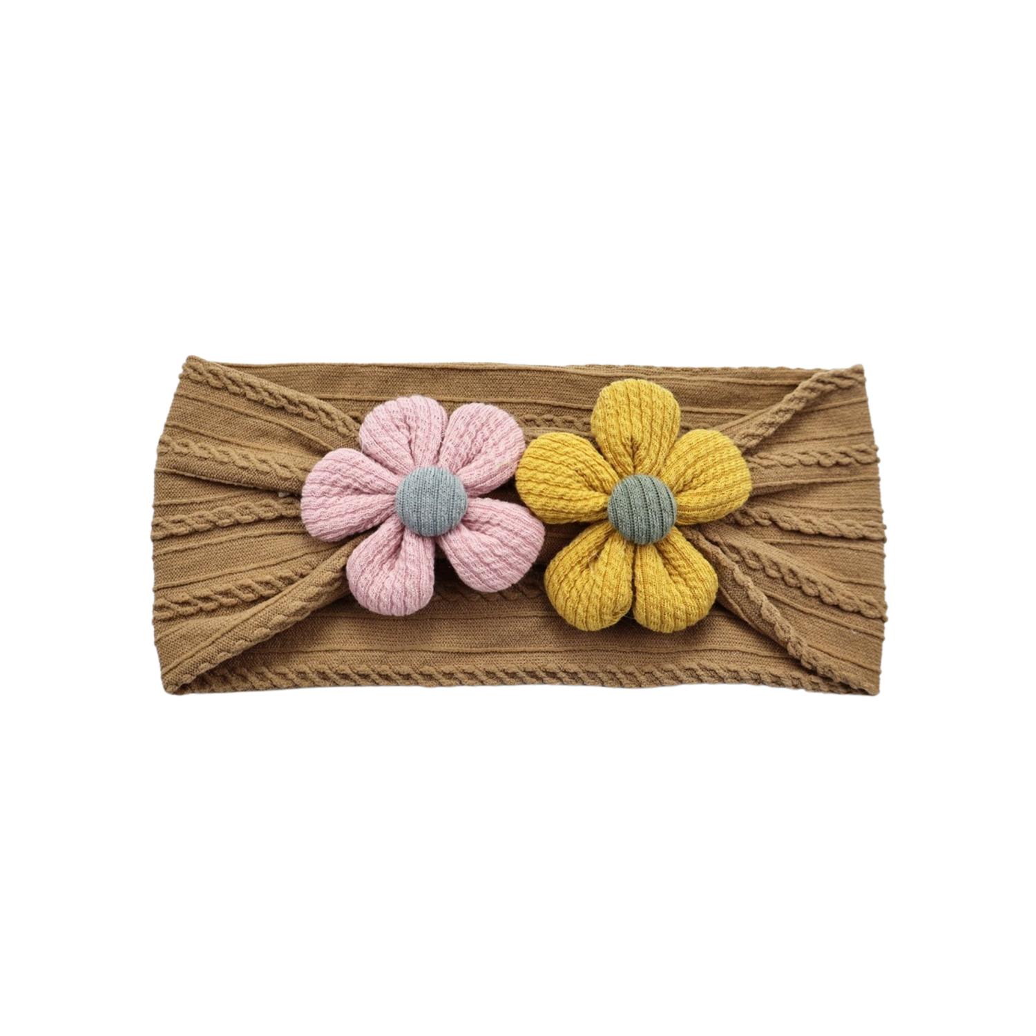Rust nylon floral baby headband — Plush Double Flower Baby Headband on white background