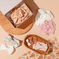 Linen baby turban — "Ring A Ring O’ Roses" Pastel Bows & Turbans — Baby Girl Gift Bundle on white background