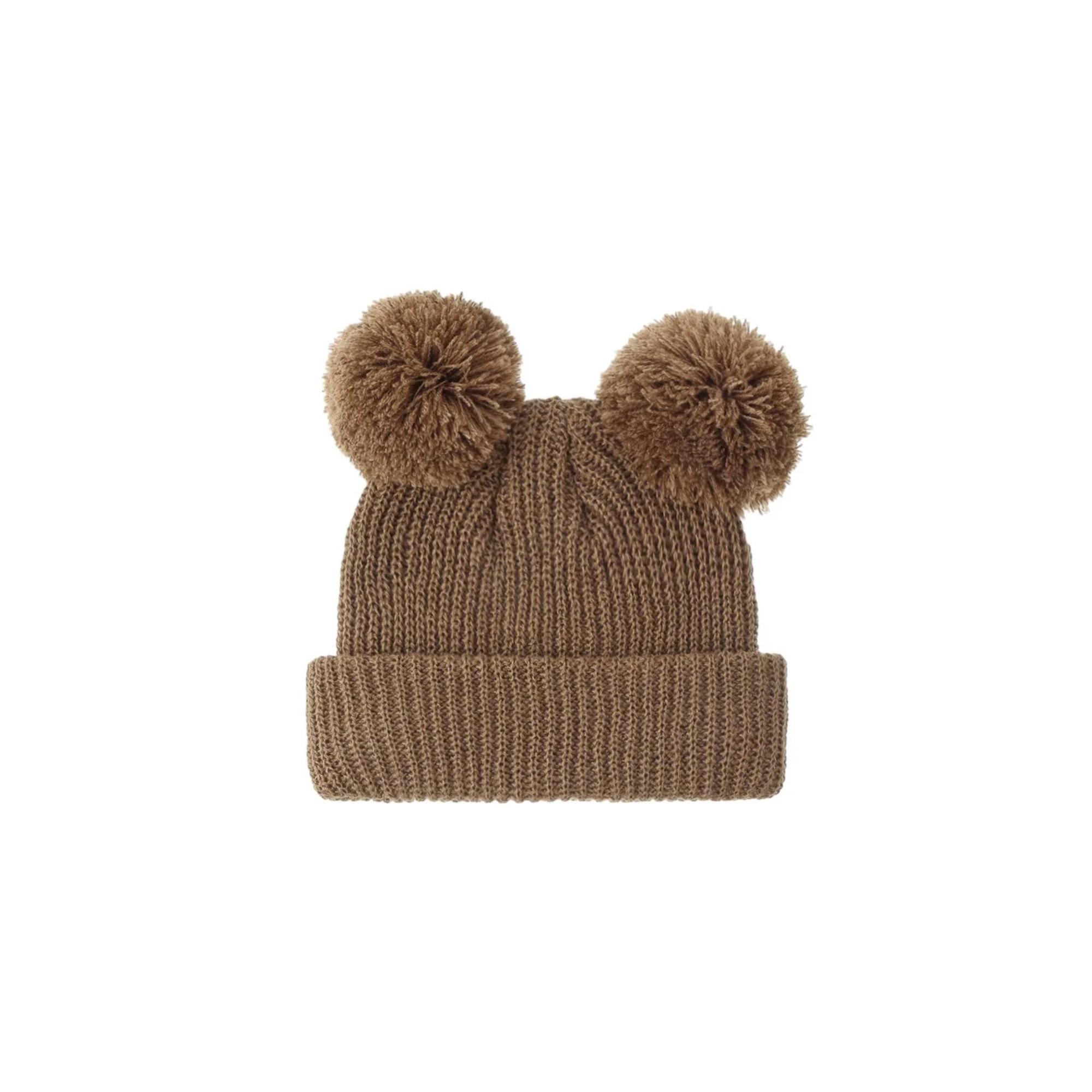 Nutmeg knit double pom pom baby beanie — Scout Beanie on white background