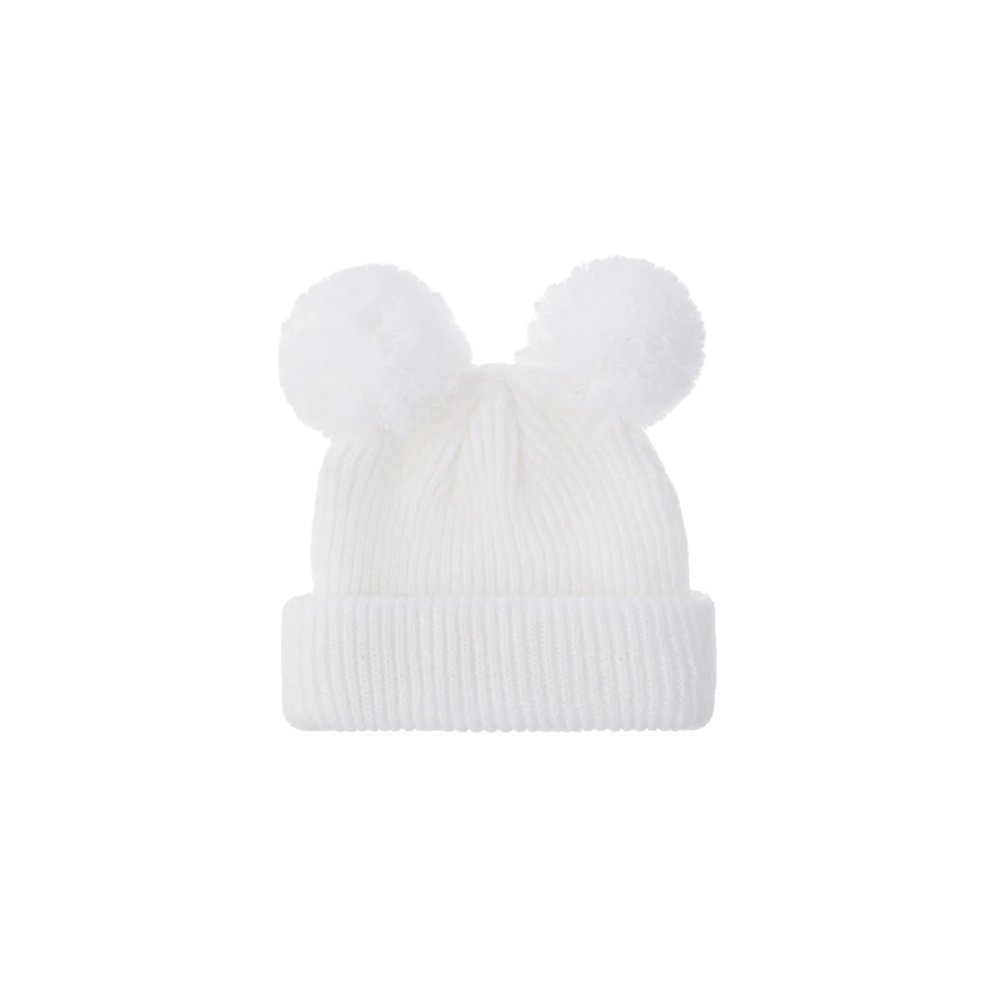 White knit double pom pom baby beanie — Scout Beanie on white background