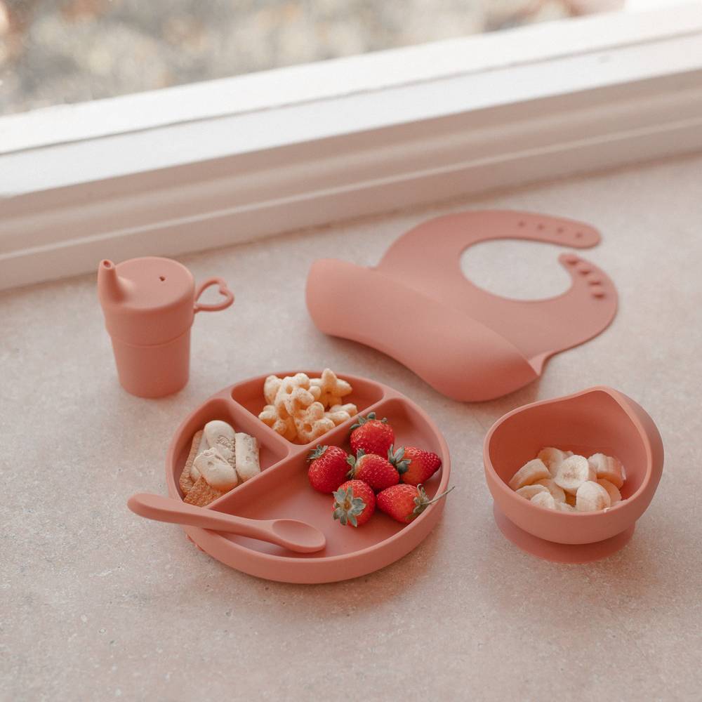 Silicone Baby Feeding Set in Brandy Rose — close-up showing silicone texture and craftsmanship