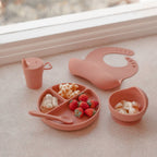 Silicone Baby Feeding Set in Brandy Rose — close-up showing silicone texture and craftsmanship