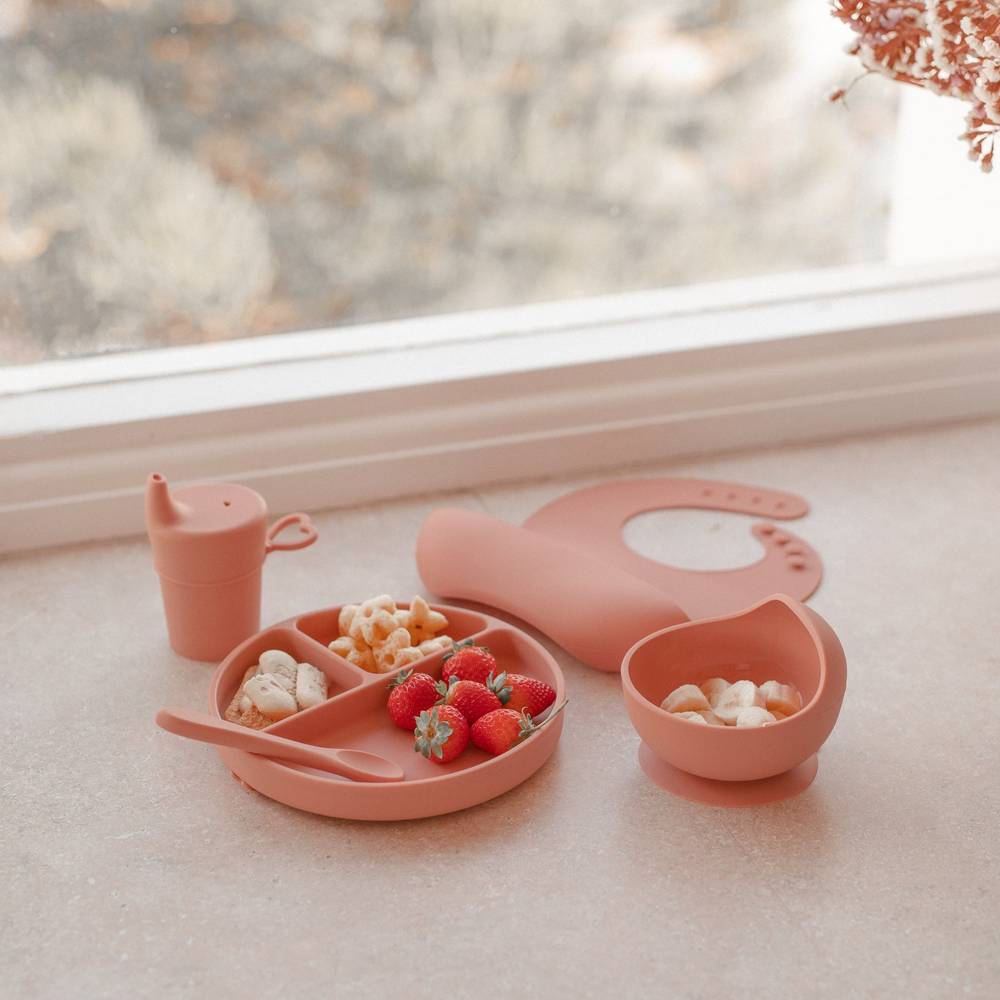Silicone Baby Feeding Set in Brandy Rose — cat baby bib showing face and soft texture