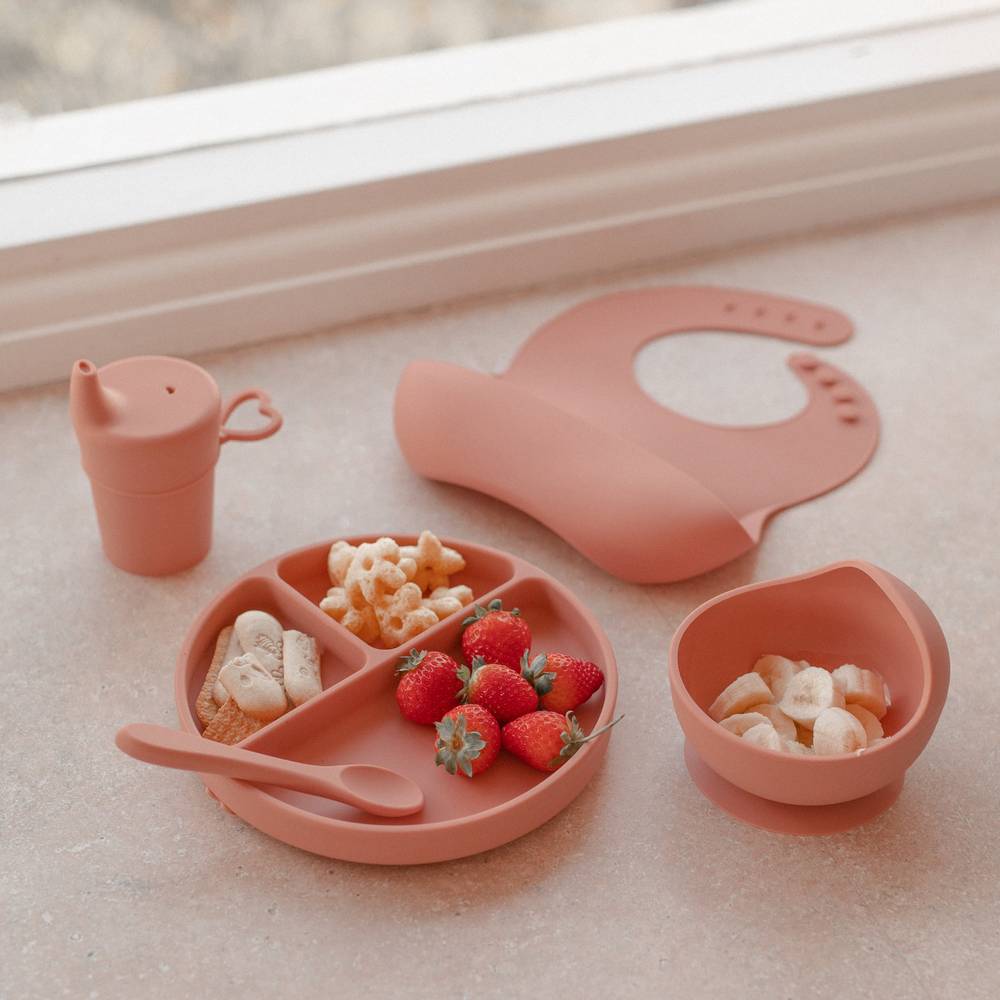 Silicone Baby Feeding Set in Brandy Rose — baby bib styled flat lay with nursery accessories