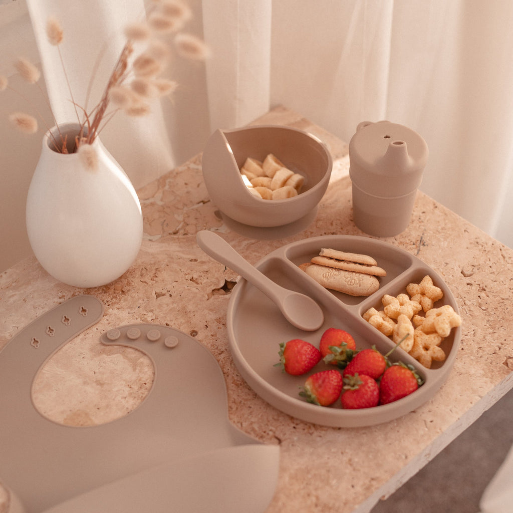 Silicone Baby Feeding Set in Sand Dune — sand dune baby bib product styling