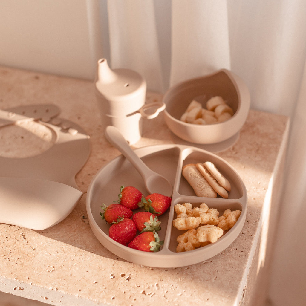 Silicone Baby Feeding Set in Sand Dune — baby bib gift-ready packaging and presentation