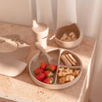 Silicone Baby Feeding Set in Sand Dune — baby bib gift-ready packaging and presentation