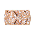 Cable knit floral baby headband with bow detail — Single Bow Cable Knit Baby Headband Floral Design #6 on white background