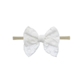 Snow white embroidered nylon oversized bow baby headband — Frankie Bow Headband on white background