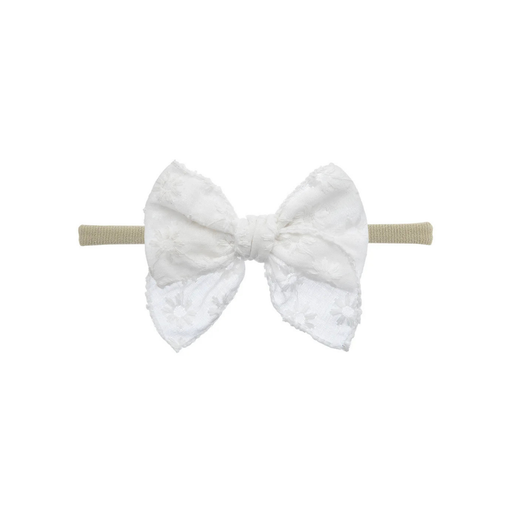 Snow white embroidered nylon oversized bow baby headband — Frankie Bow Headband on white background