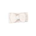 Snow white lace floral baby headband with bow detail — Harlow Lace Bow Headband on white background