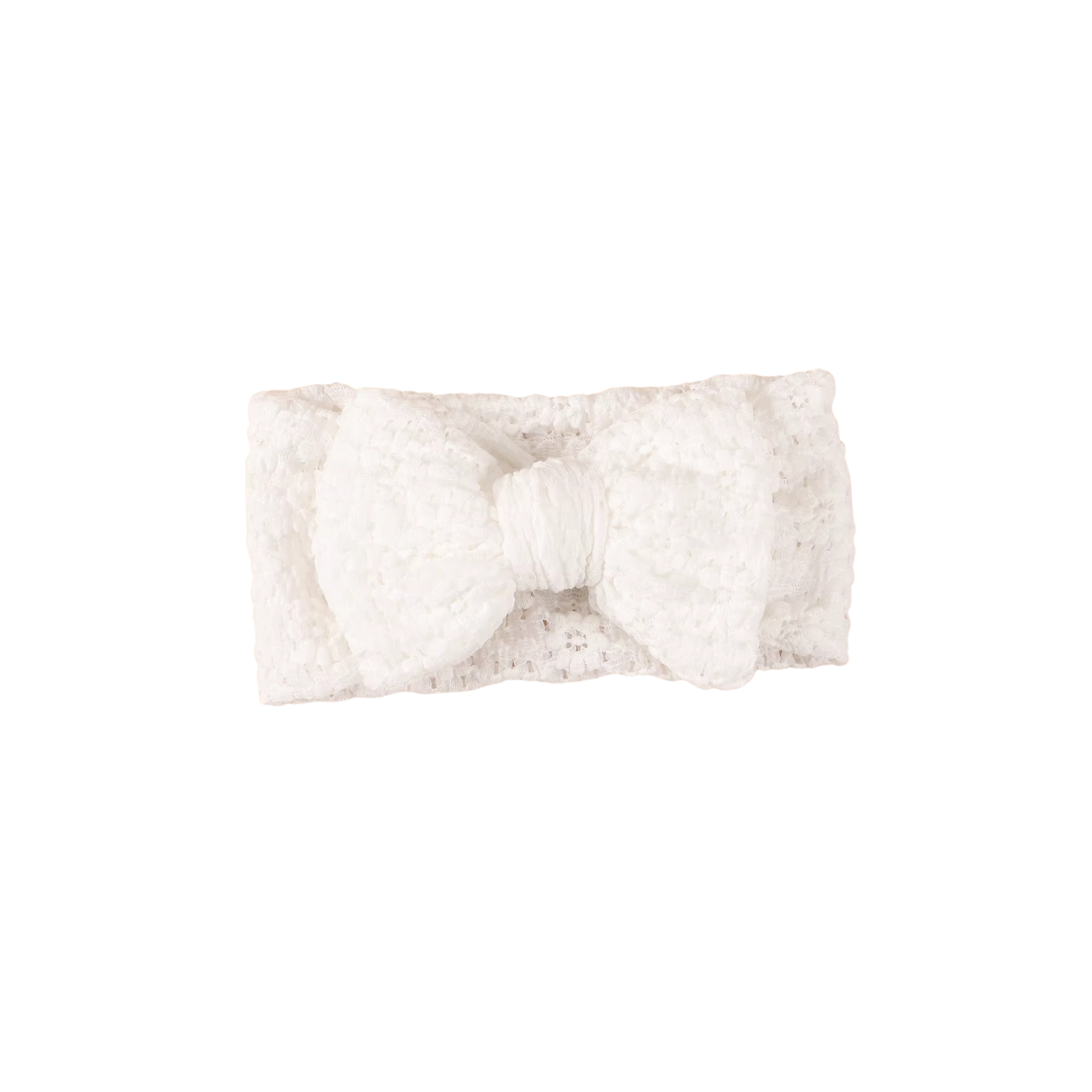 Snow white lace floral baby headband with bow detail — Harlow Lace Bow Headband on white background