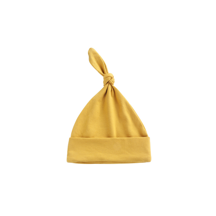 Soft Top Knot Baby Beanie Hat in Mustard