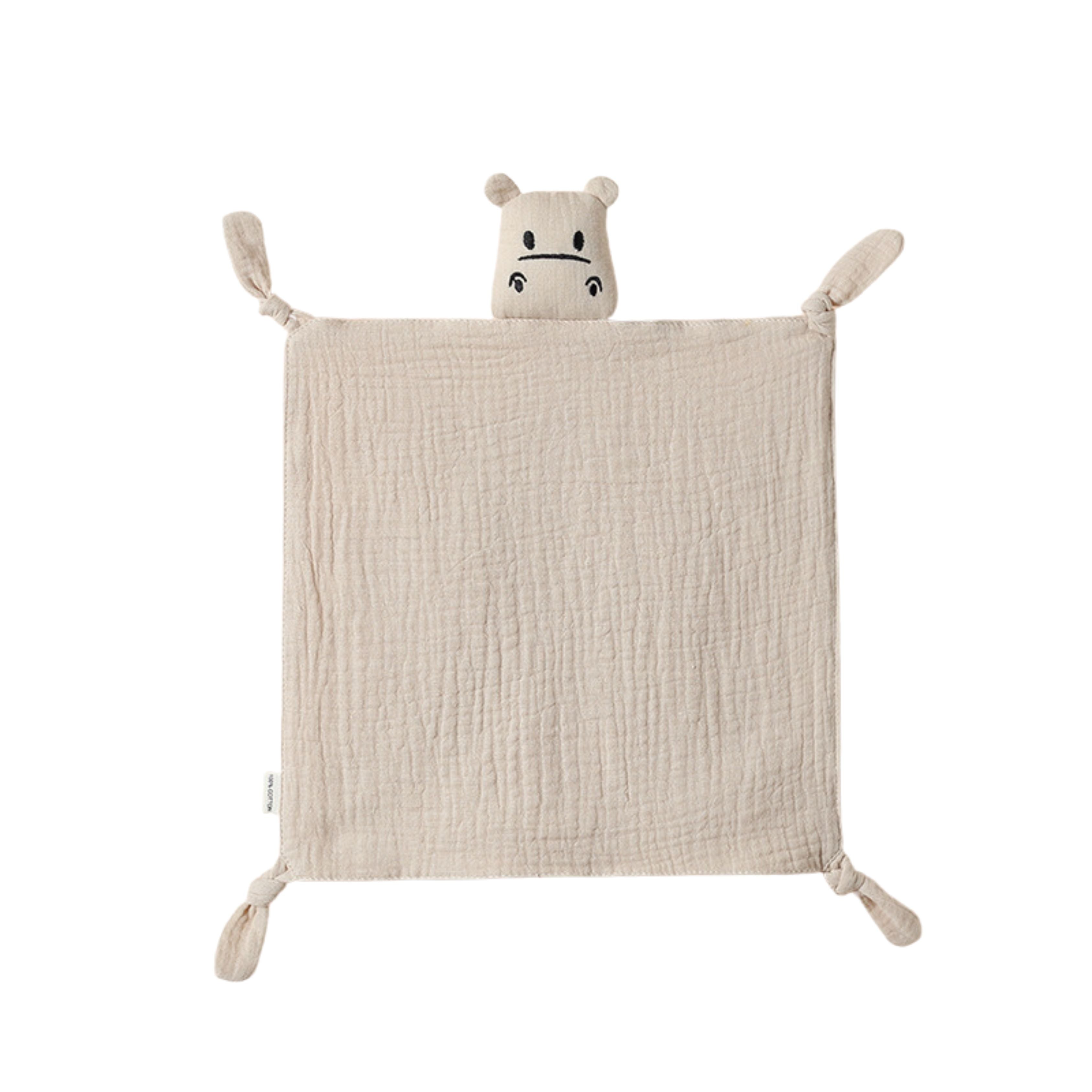 Latte cotton muslin ear detail baby comforter — Cotton Baby Comforter Harry The Hippo on white background