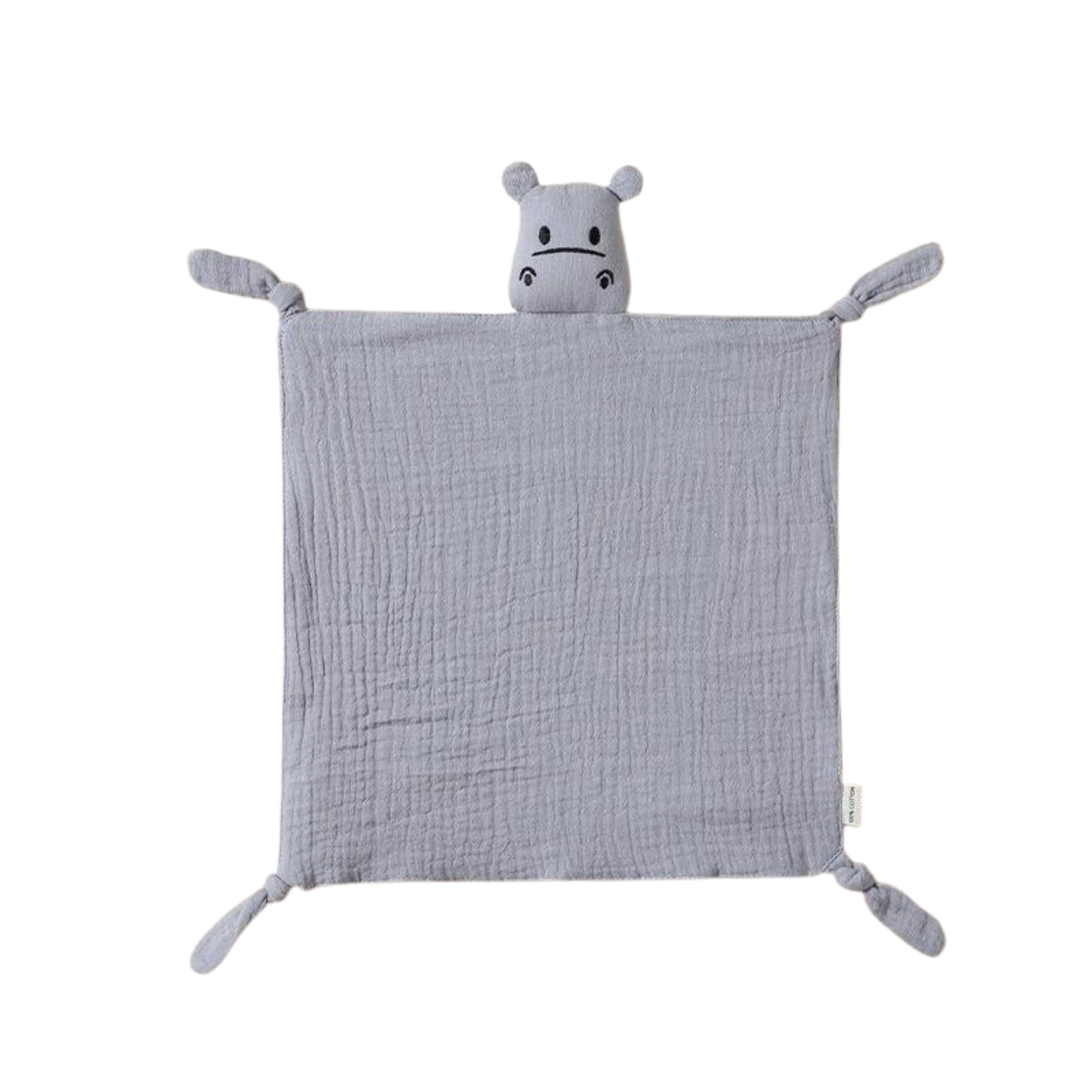 Silver cotton muslin ear detail baby comforter — Cotton Baby Comforter Harry The Hippo on white background