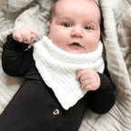 Baby Bandana Cotton Muslin Dribble Bib in Sapphire — cat baby bib showing face and soft texture