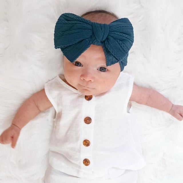 Baby Top Knot Double Bow Headband — Cruise Blue