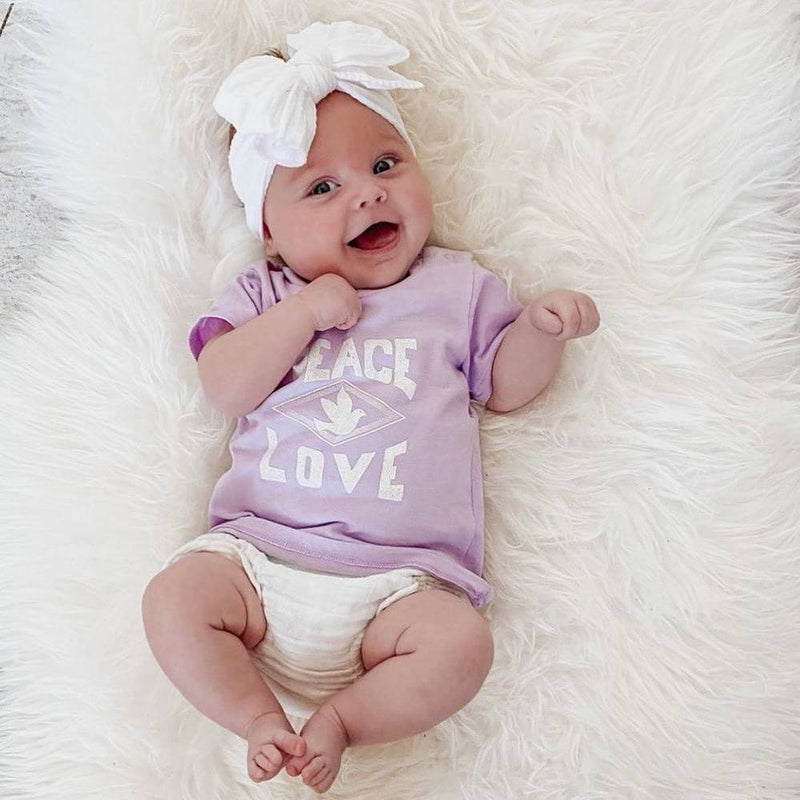 Baby girl wearing rouge red baby headband with ear detail — Bowie Double Bow Headband